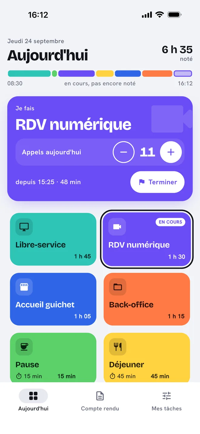 L'écran Aujourd'hui : la carte « Je fais RDV numérique » avec son compteur d'appels, et les tuiles de couleur des tâches.