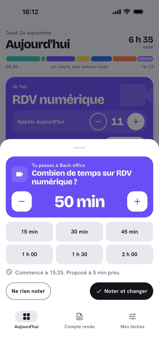 La feuille « Combien de temps sur RDV numérique ? », avec 50 min proposées et les boutons Ne rien noter et Noter et changer.